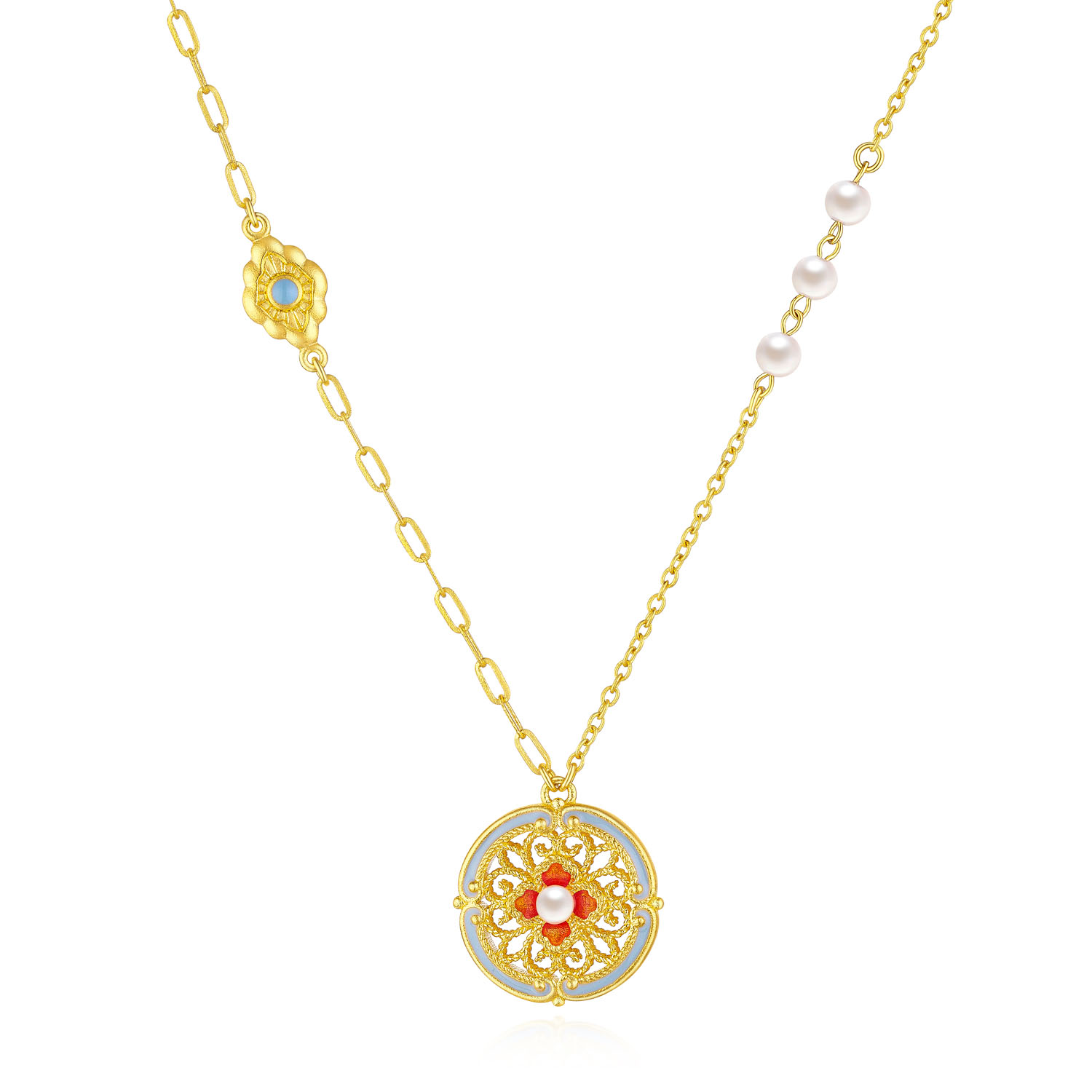 Heirloom Fortune - Charm of Song Dynasty Collection "Flower & Moon" Gold Pearl Necklace